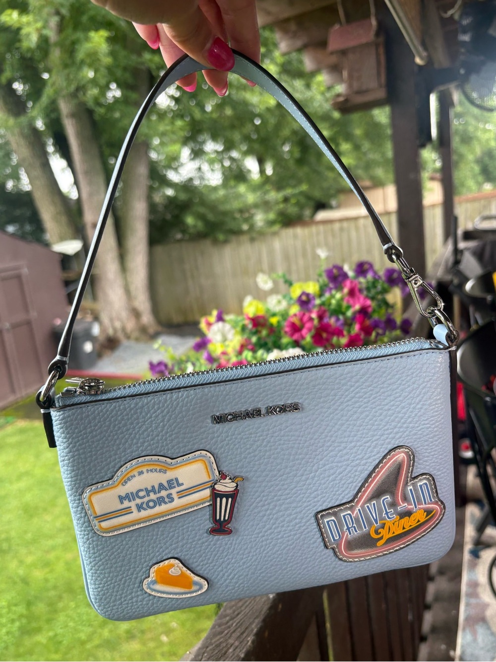 Michael Kors Light Sky Blue Leather Wristlet/Small Shoulder Bag w/ Patches